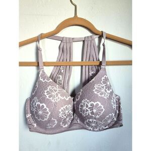 Victoria’s Secret PINK Lined Demi Bra 32DD Grey Pink Lace Racerback